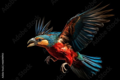 A vibrant bird soaring against a dark backdrop. Generative AI