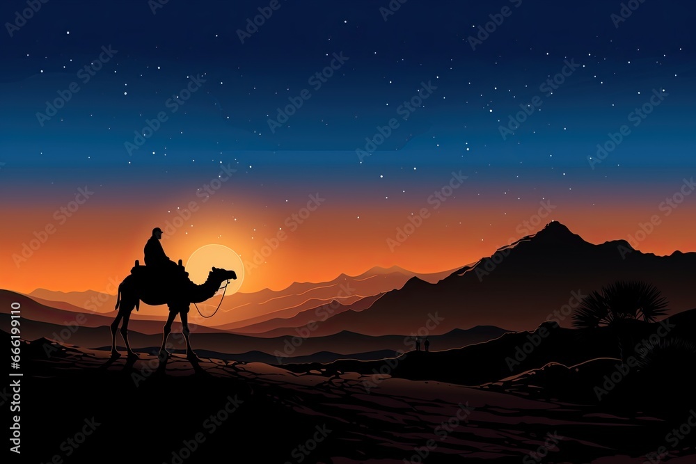 a silhouette of an arab man riding a camel in desert with sun in background