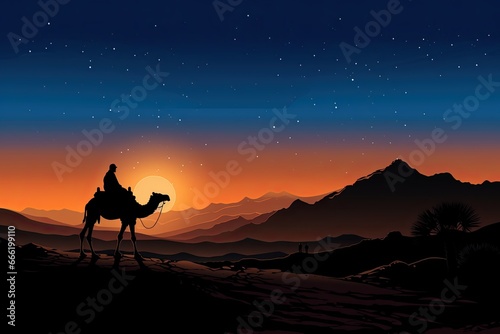 a silhouette of an arab man riding a camel in desert with sun in background © DailyLifeImages