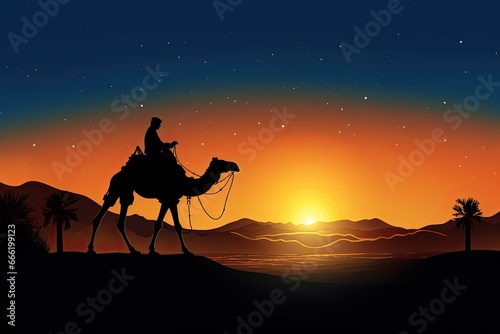 a silhouette of an arab man riding a camel in desert with sun in background