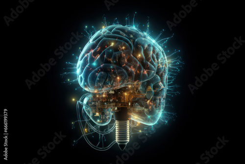 Idea generation and creativity concept with a lightbulb shaped like a brain and music notes representing inspiration and invention. AI Generative.