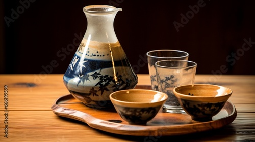 Sake set on wood tabletop.
