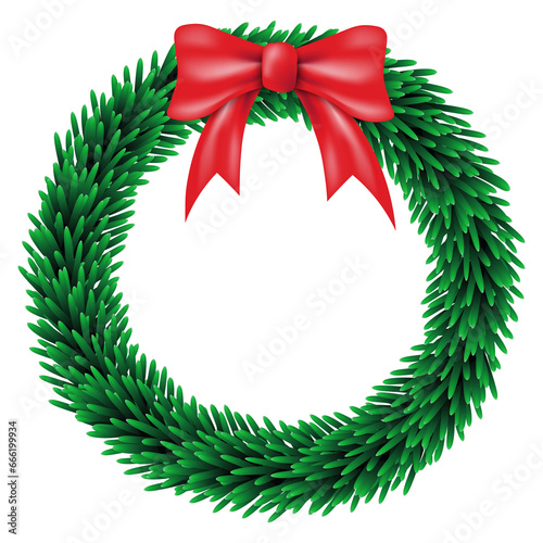 Christmas green wreath with red bow isolated on transparent background. Christmas decorations. PNG