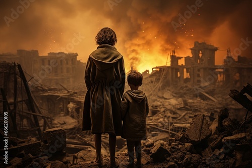 Mother and her son stand amidst the ruins of a city destroyed by bombing in the Middle East