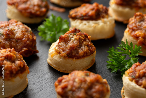 Wallpaper Mural Cheese and BBQ sauce beans on mini crumpets. Party Finger food concept. Torontodigital.ca