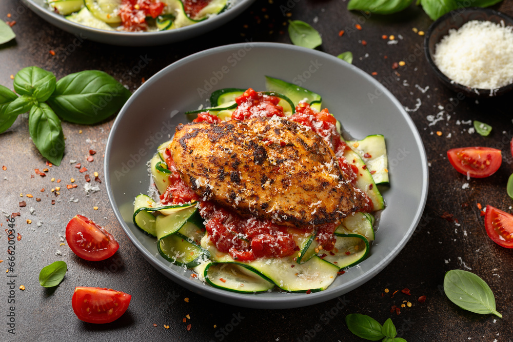 Healthy Chicken zucchini pasta with tomato sauce. Low carb, keto diet Healthy Chicken zucchini pasta with tomato sauce. Low carb, keto diet