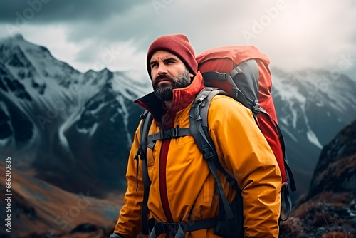 A bearded brutal man in mountain clothes and a backpack climbs the mountain.
