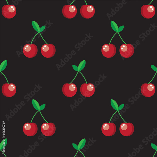 Red cherry seamless pattern on black background. Vector illustration.
