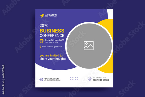 Business webinar invitation design. Webinar and business conference social media post template. Online webinar social media post template. Business conference banner template. Online live webinar.