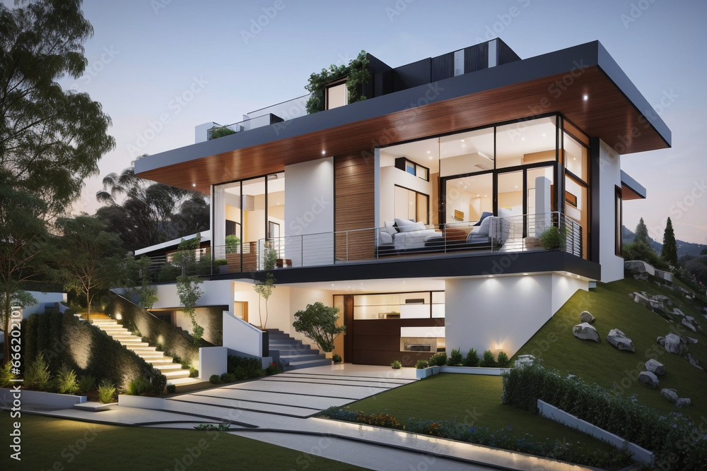Fototapeta premium modern luxury duplex house with a flower garden and pool on the hill evening view