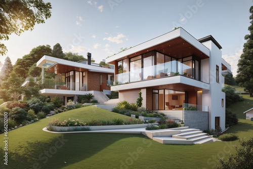 modern luxury duplex house with a flower garden and pool on the hill evening view  © Tripura jouty