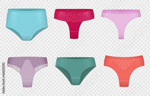 Female panties. Woman underwear collection decent vector textile panties realistic illustrations set