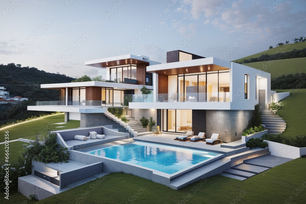 Obraz premium modern luxury duplex house with a flower garden and pool on the hill evening view 
