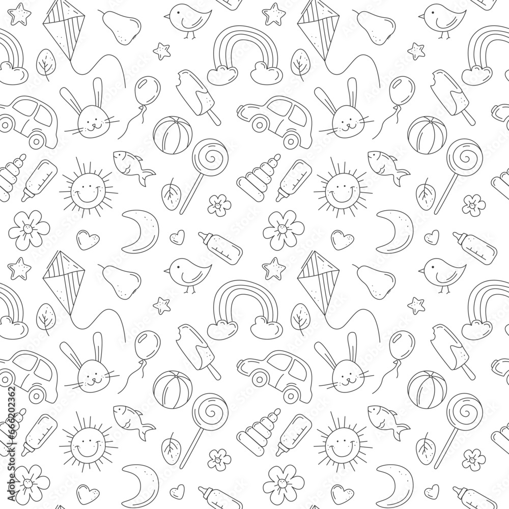 Doodle elements in children's style. Repeating pattern for wallpaper, background, textile, packaging, wrapping, baby shop, invitation and greeting card. Vector illustration isolated on white Doodle elements in children's style. Repeating pattern for wallpaper, background, textile, packaging, wrapping, baby shop, invitation and greeting card. Vector illustration isolated on white