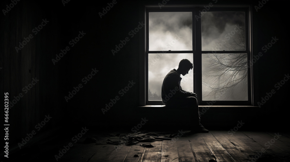 A monochrome picture showing a lonely person ruminating musingly by a window. - obrazy, fototapety, plakaty 