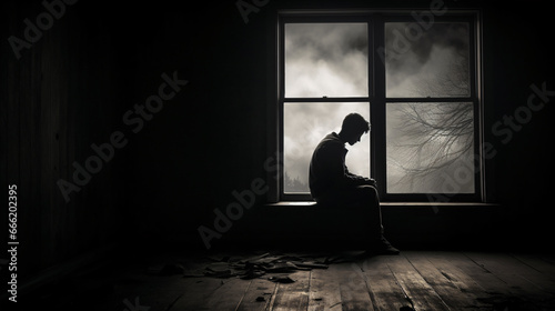 A monochrome picture showing a lonely person ruminating musingly by a window. photo