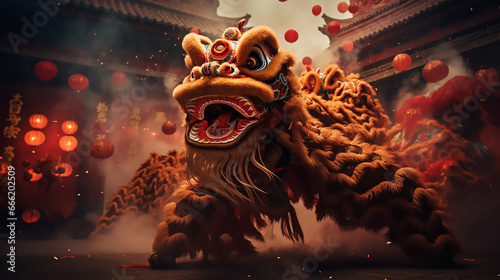 Dragon or lion dance show barongsai in celebration chinese lunar new year festival. Generative AI
