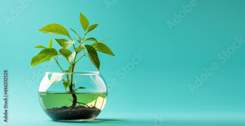 Young tree plant growing in a glass vase in a copy space background. The glass filled with soil water or light green liquid. World soil day, Environment day concept for go green and indoor gardening