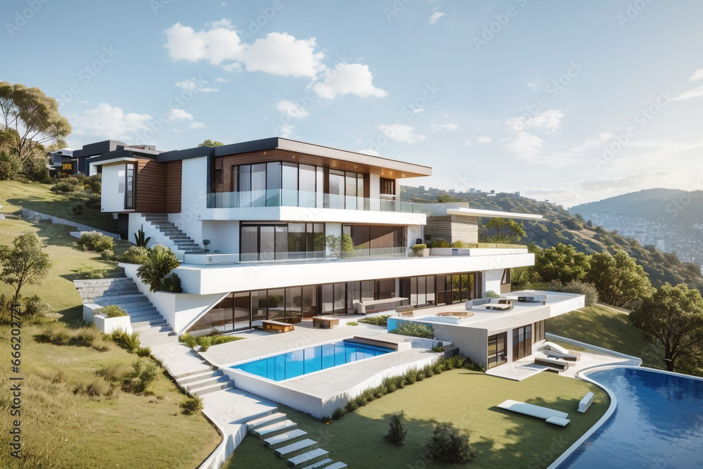 modern luxury duplex house with a flower garden and pool on the hill evening view 