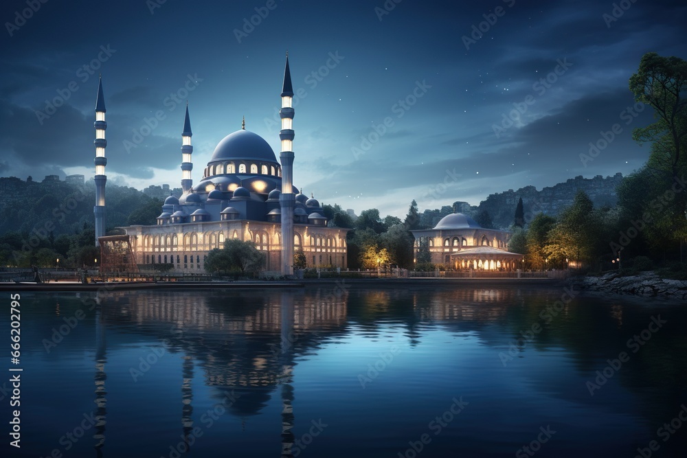 Fototapeta premium architectural beautiful Religious Islamic Grand Mosque masjid at night with the reflection in lake