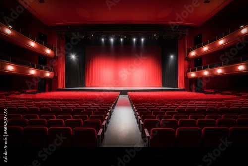 General view of an empty theater hall with seats and red curtain. With copy space. © aguadeluna