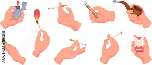 Cigarettes in hands. People holding vape cigarette and different specific devices for smoking exact vector tobacco concept pictures set