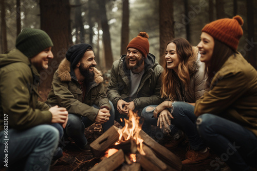 Friends sitting near a bonfire, having great autumn time near the forest. Close company in nature.