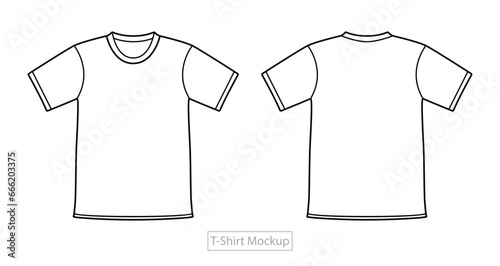 T-shirt line art mock up, male t-shirt vector template front back view. Blank apparel design for men, sportswear, casual clothing