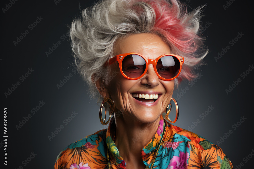 Portrait of happy glamorous senior woman in glasses on a black background.Energetic Grandma with hairstyle in stylish outfit. Portrait of happy glamorous senior woman in glasses on a black background.Energetic Grandma with hairstyle in stylish outfit.