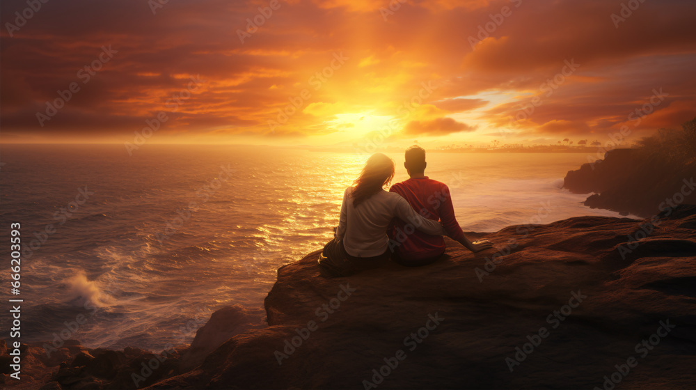 A gorgeous snap portraying joy, as two individuals hug while admiring the sunrise over the sea. A gorgeous snap portraying joy, as two individuals hug while admiring the sunrise over the sea.