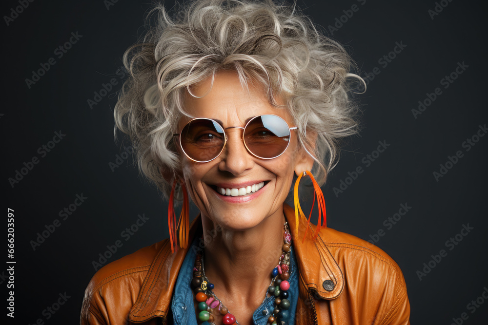 Portrait of happy glamorous senior woman in glasses on a black background.Energetic Grandma with hairstyle in stylish outfit. Portrait of happy glamorous senior woman in glasses on a black background.Energetic Grandma with hairstyle in stylish outfit.