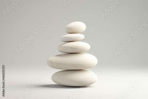 Stacked white pebble stones on white background