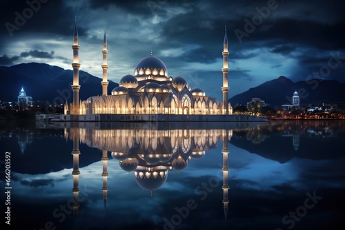 architectural beautiful Religious Islamic Grand Mosque masjid at night with the reflection in lake