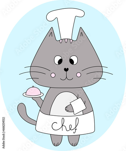 Cute cat chef character with a dish in cartoon style. Vector illustration for cafe or restaraunt advertising logo poster cat food