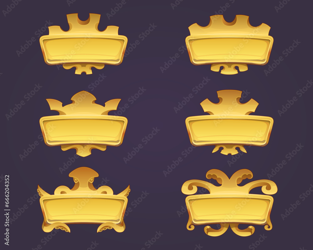 Gaming user interface design with gold frame. Set of golden buttons or header. Royal style vintage decorative frame template. Golden crown, kraken, octopus, vignette. Isolated set, vector cartoon. Gaming user interface design with gold frame. Set of golden buttons or header. Royal style vintage decorative frame template. Golden crown, kraken, octopus, vignette. Isolated set, vector cartoon.