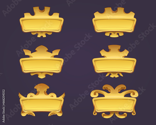 Gaming user interface design with gold frame. Set of golden buttons or header. Royal style vintage decorative frame template. Golden crown, kraken, octopus, vignette. Isolated set, vector cartoon.