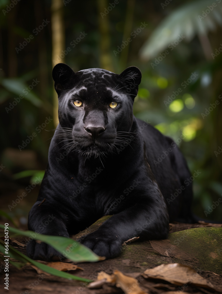 A black panther looking at the camera in a jungle illustrated using generative Ai