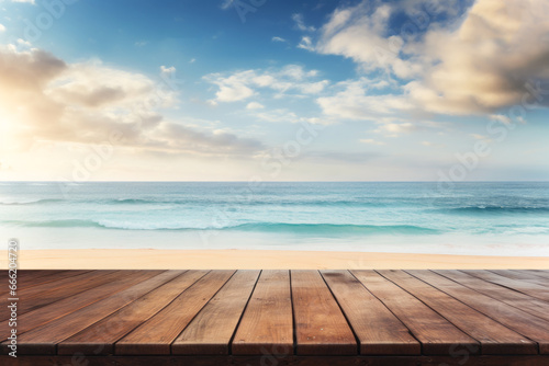 The wooden table and wooden deck provide a stunning view of the blue sky and ocean, creating a happy holiday or vacation ambiance. Ideal for web advertising and banners with space for copy.