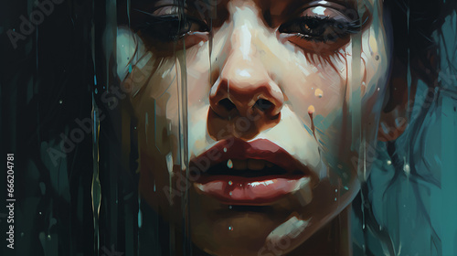 A moving depiction illustrating droplets trickling down a sorrowful visage, symbolizing sadness or wretchedness.