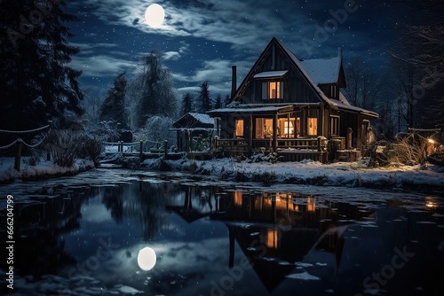 a beautiful cozy wooden house covered with snow at night in cold snowy weather © DailyLifeImages