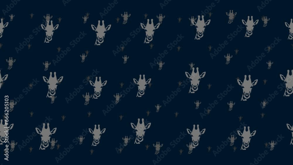 Giraffe head symbols float horizontally from left to right. Parallax fly effect. Floating symbols are located randomly. Seamless looped 4k animation on dark blue background Giraffe head symbols float horizontally from left to right. Parallax fly effect. Floating symbols are located randomly. Seamless looped 4k animation on dark blue background