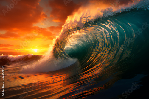 Perfect sea wave for surfing. Sea wave at sunset