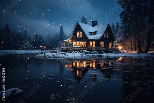 a beautiful cozy wooden house covered with snow at night in cold snowy weather