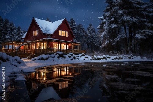 a beautiful cozy wooden house covered with snow at night in cold snowy weather