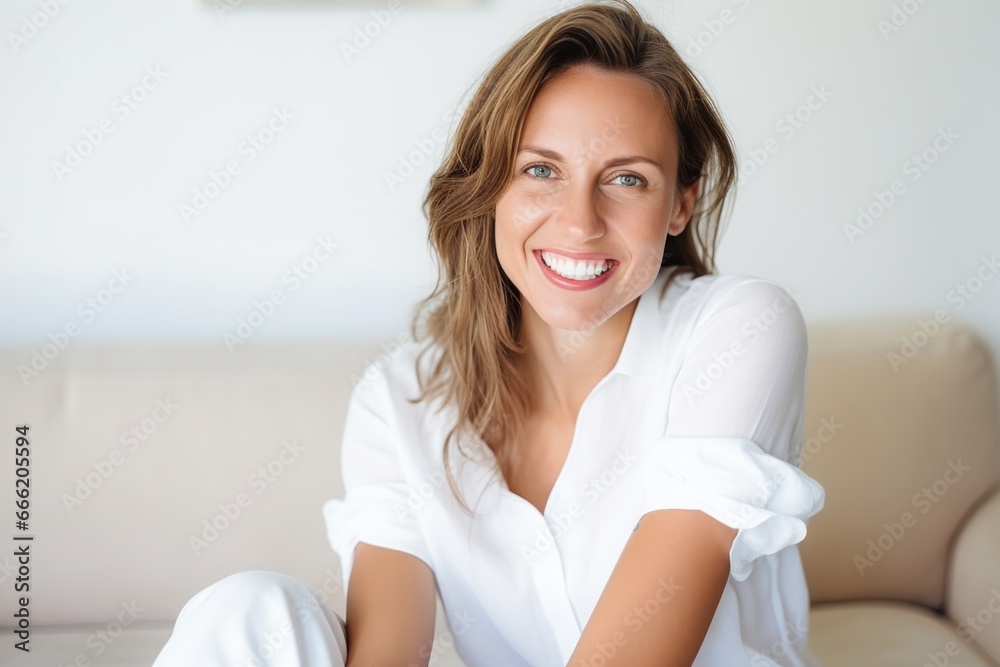 Blond woman smile face portrait at home living room Blond woman smile face portrait at home living room