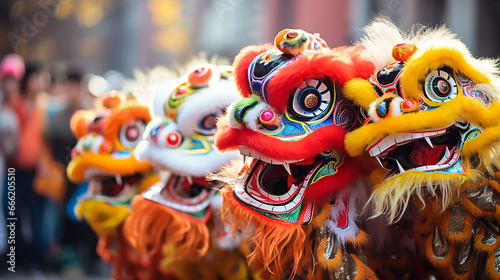 A group of chinese lion dancers perform in a street. DōngzhìFestival. Generative AI © khozainuz