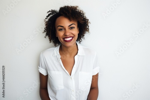 Black woman smile happy face portrait at home photo