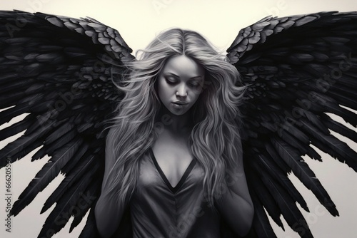 Black and white female angel. Generative AI.