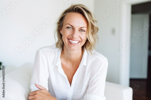 Blond woman smile face portrait at home living room Free Download Blond woman smile face portrait at home living room - GFXLoad