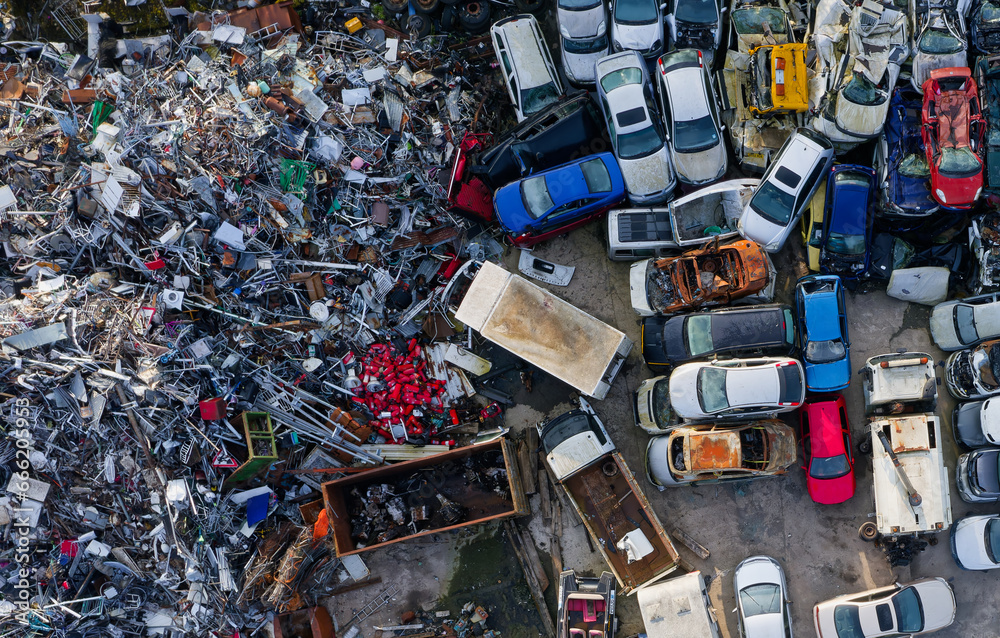Car compound for scrap metal recycling viewed from above Car compound for scrap metal recycling viewed from above